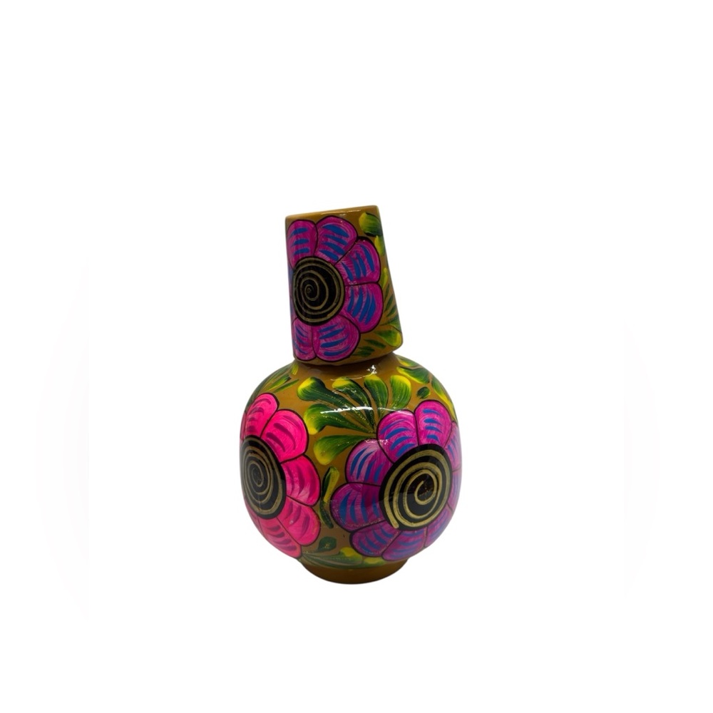 Mexican Ceramic.Hand-Painted Floral Ceramic Vase in Mustard with multicolor. - Picture 2 of 7